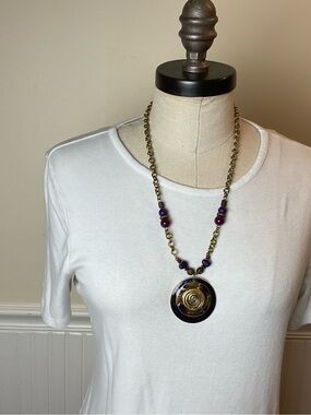 Gold-Tone Necklace with Purple Beads and Pendant
